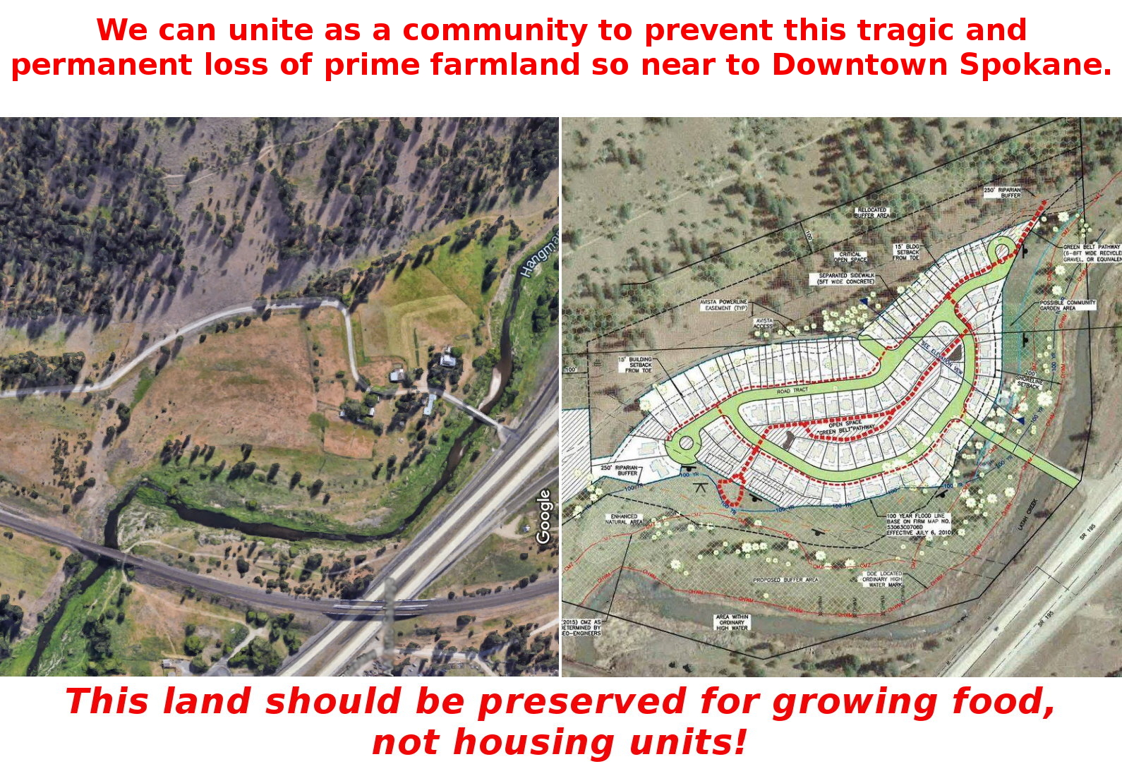 Side by side picture of farmland and the development plans.